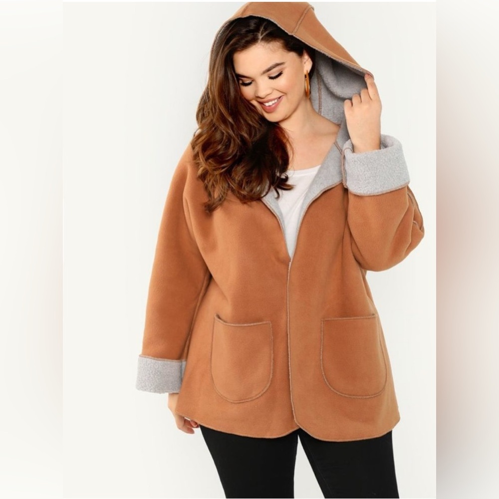 SHEIN Teddy Jacket Oversized Cozy Fit Jacket, Tan and Gray,‎ XL